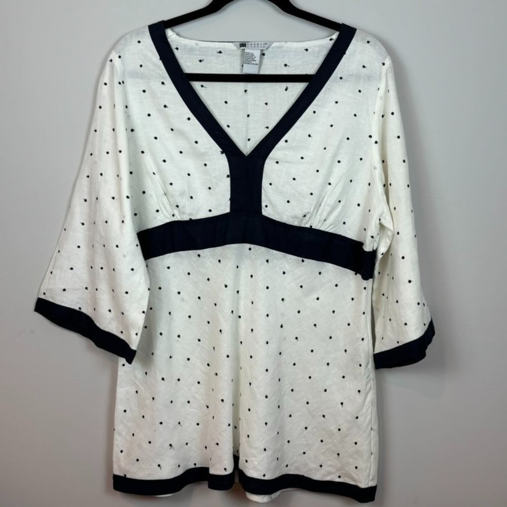 Carole Little Womens‎ White Black Polka Dot 100% Linen 3/4 Sleeve Blouse Size XL